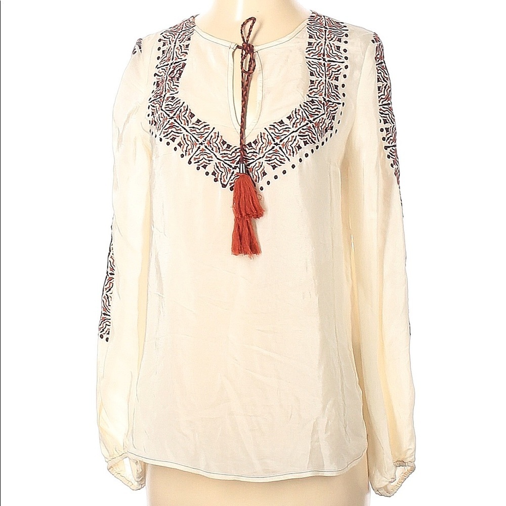 Anthropologie ivory boho sheer tassel blouse balloon sleeves size medium